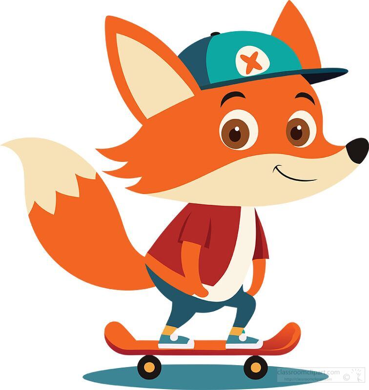 playful fox wearing a baseball cap rides a skateboard