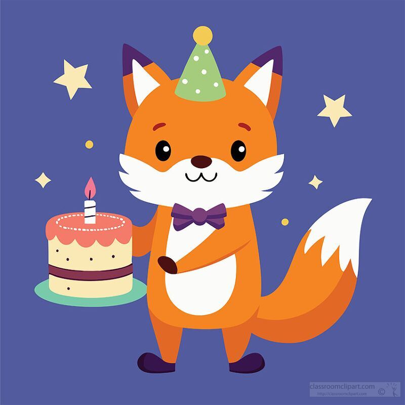 playful fox wears a party hat holds a birthday cake