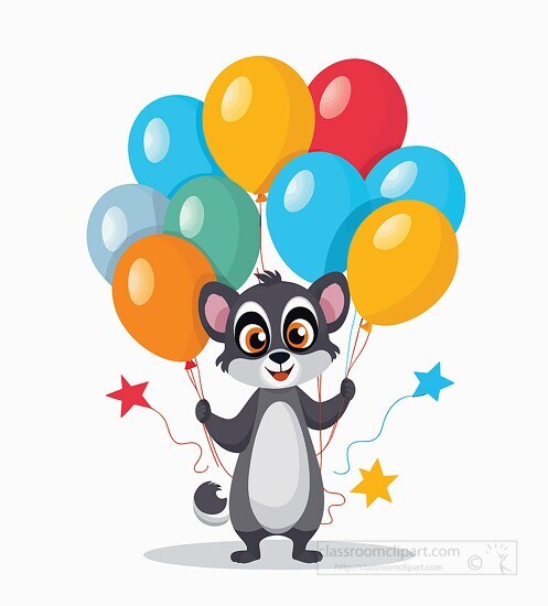 playful lemur holding colorful party balloons clip art