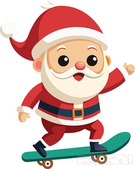 playful Santa Claus rides a skateboard with a big smile