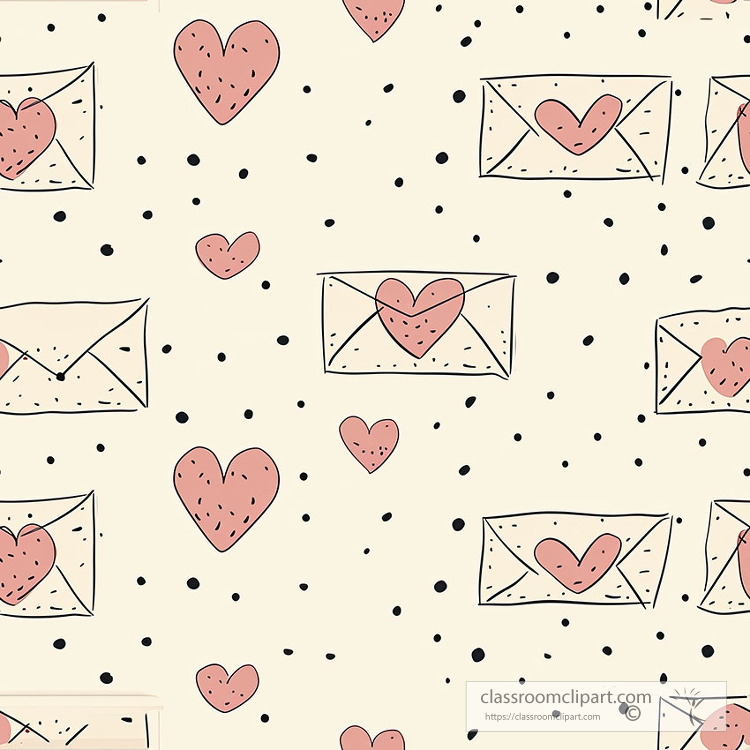 playful sketch of envelopes and hearts intertwined with polka do