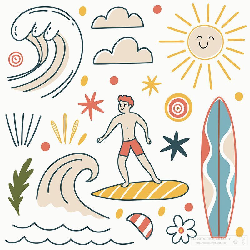 Playful Surfing Illustration with Waves and Sun