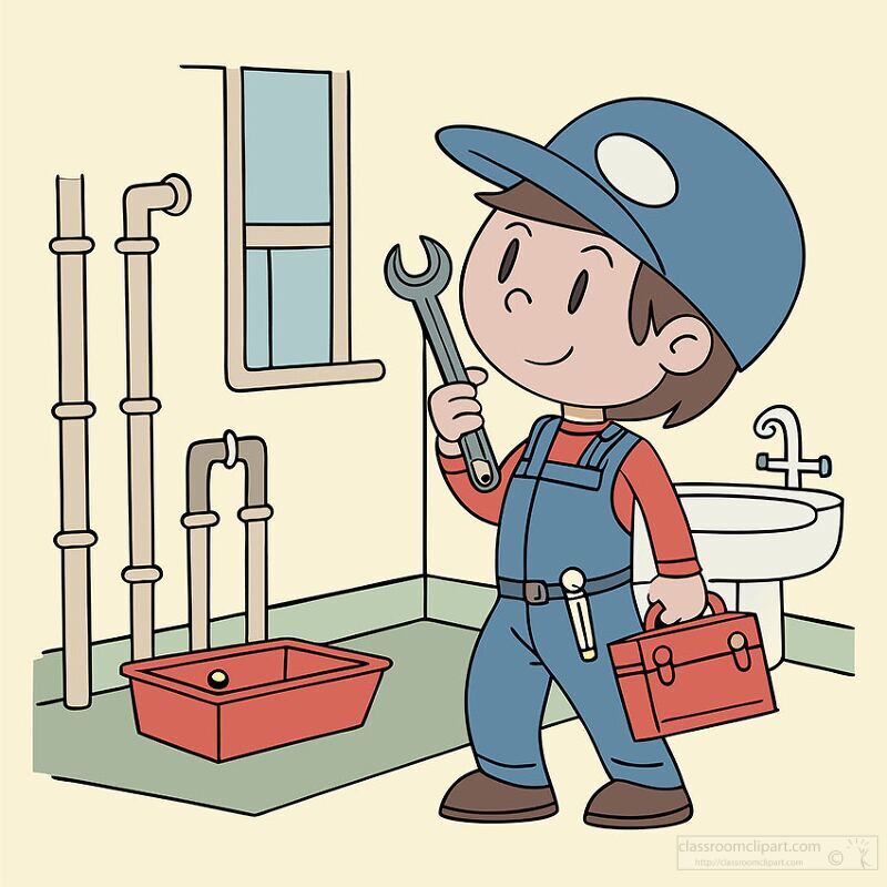 plumber holding a wrench and toolbox surrounded by pipes and a s