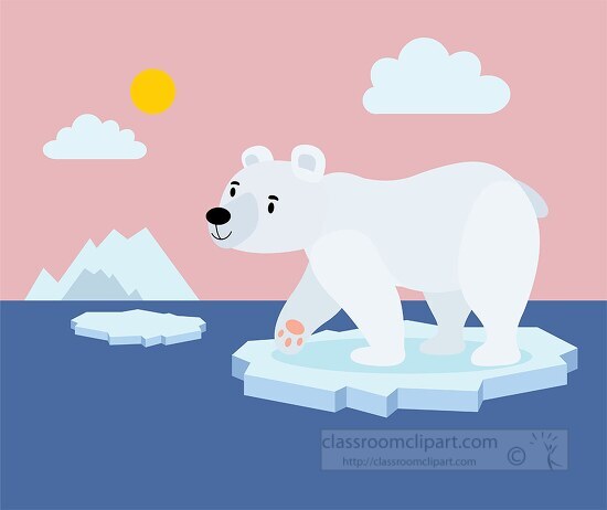 polar bear on a piece of ice with a pink background and the sun 