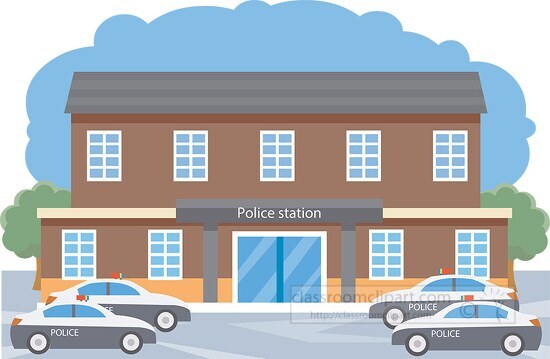 police station with police cars parked clipart