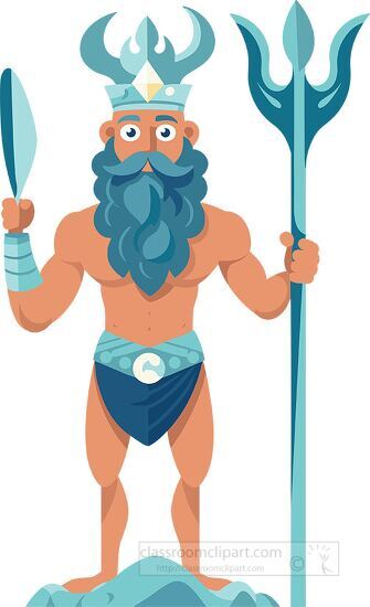 Poseidon holding a trident and standing on a rock clipart