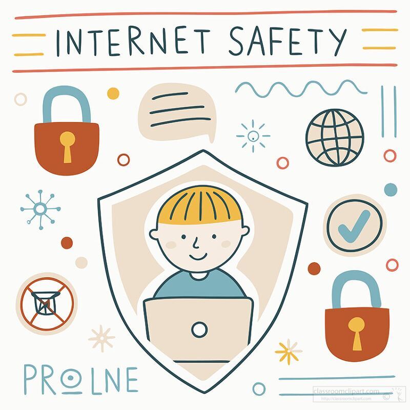 A colorful illustration promoting internet safety, featuring a boy with a laptop inside a shield. Surrounding elements include locks, a globe, and check marks, emphasizing security and protection online.