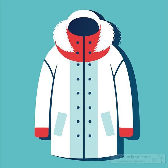 puffy white coat with a red hood