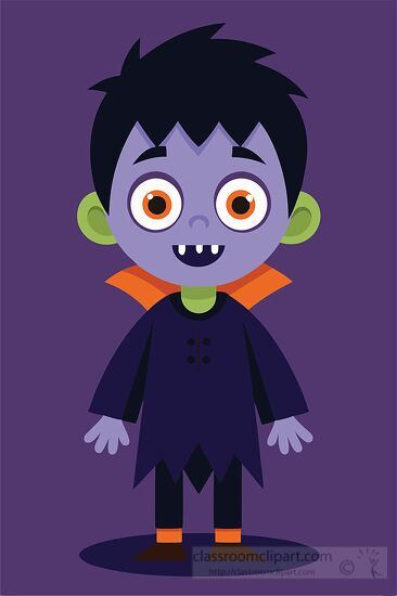 purple skinned vampire child smiling with bright orange eyes