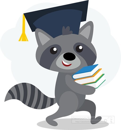 raccoon character wearing graduation cap carries books clipart