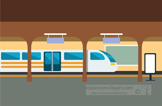 rail platform with train at railway station clipart