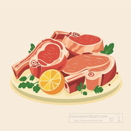 raw meat cuts garnished with lemon slices and herbs on a platter