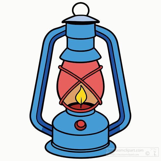 red and blue kerosene lamp with a lit flame