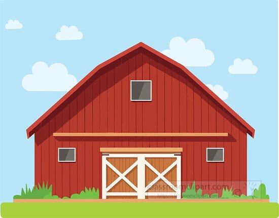 red barn with white doors on a farm