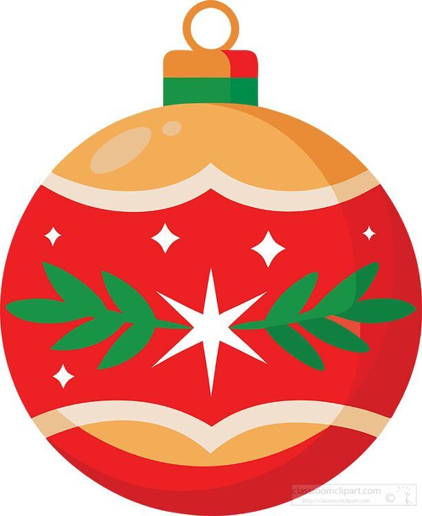 red christmas ornament with green leaves and white star clipart