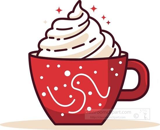 red decorated christmas mug with hot chocolate topped with whipp