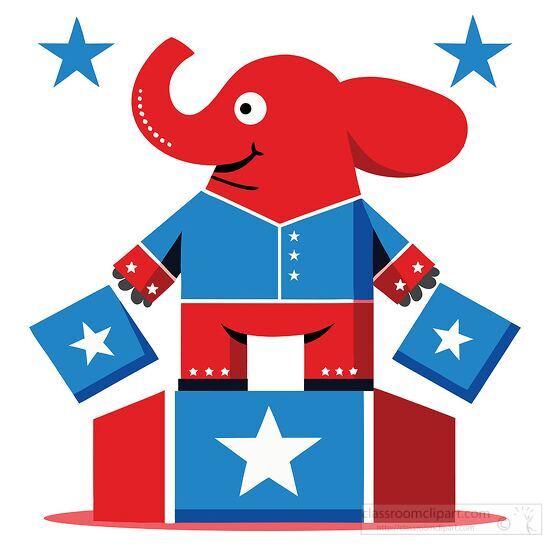 red elephant stands on a blue platform with stars