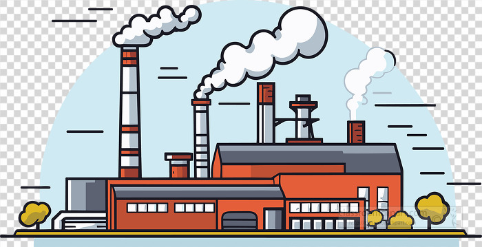 red factory buildings with smoke stacks and smoke