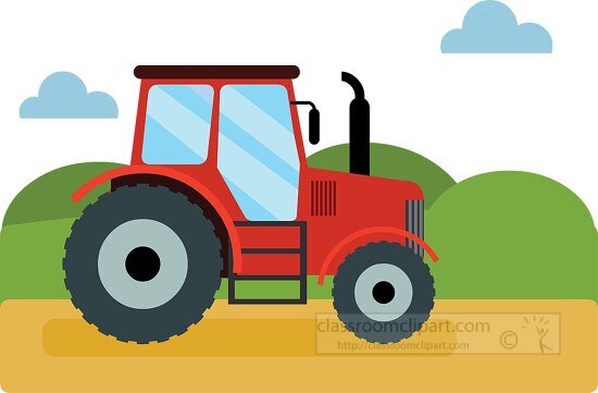 red Tractor on dirt roadwith green hills in background Clipart