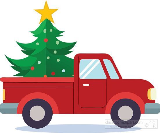 red truck carries a decorated Christmas tree in the back