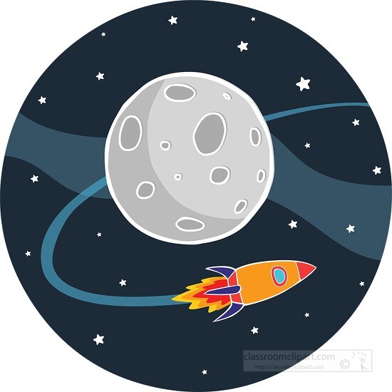 rocket passing by moon in the night sky with stars clipart