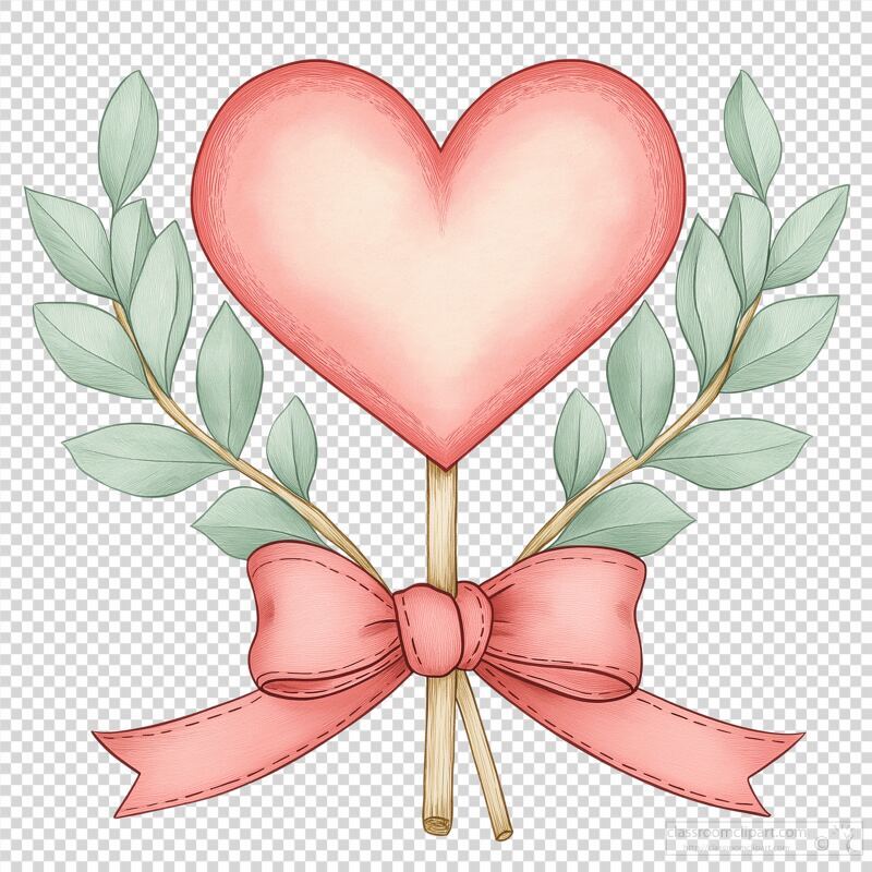 Romantic Heart With Leaves and Ribbon Illustration