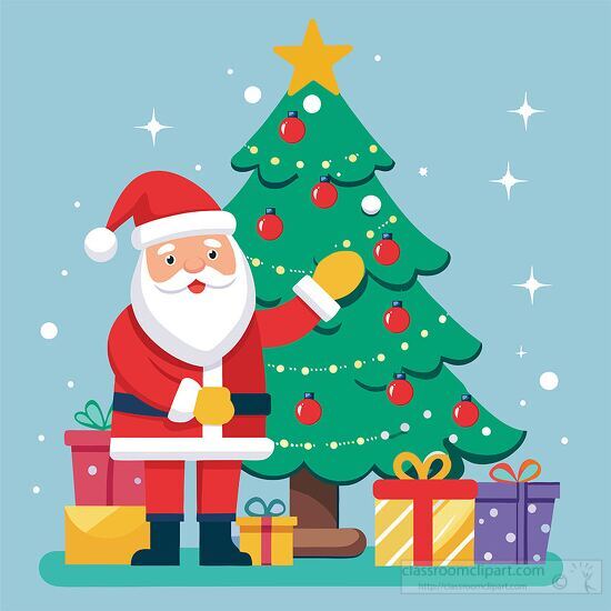 Santa Claus decorates a Christmas tree surrounded by gifts