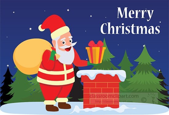 santa claus with gift near chimney marry christmas clipart