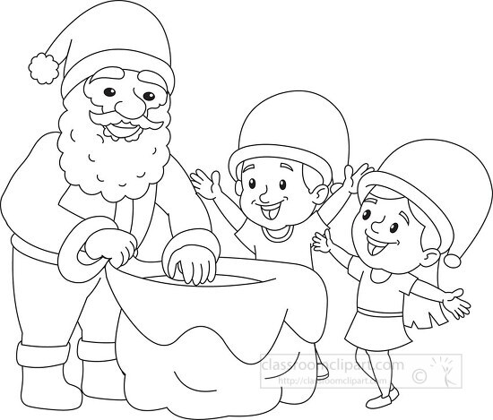 santa giving gifts to happy children black outline