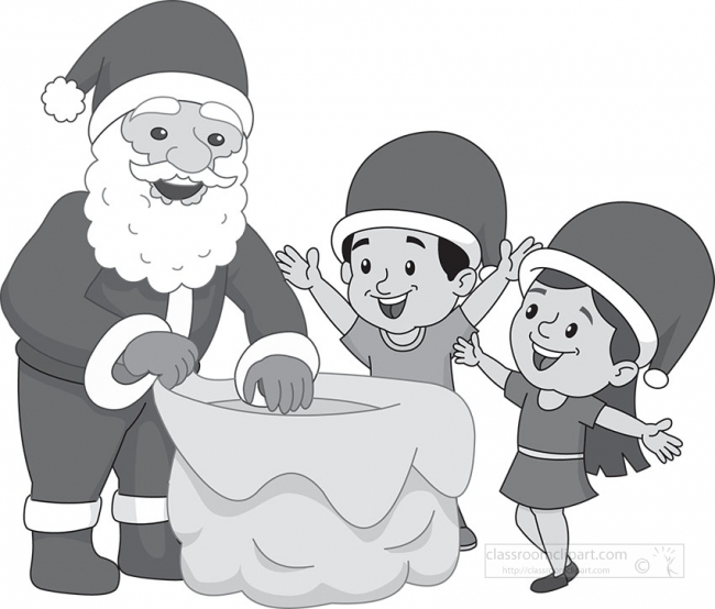santa giving gifts to happy children gray color clipart