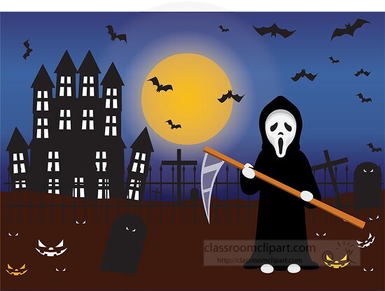 scary halloween grim reaper near haunted house clipart
