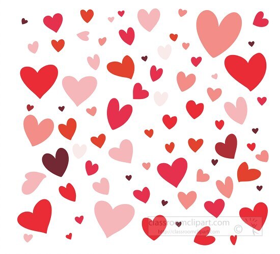 scattered pattern of red and pink hearts of different sizes