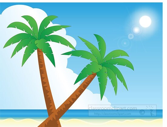 scenic calm beach with coconut trees large clouds in sky clipart