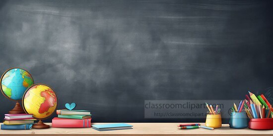 school books pencils globe on a desk in front of a chalkboard ba