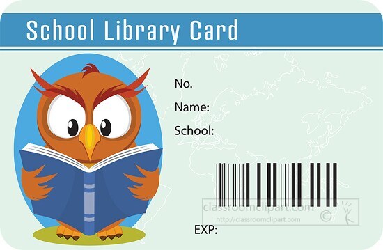 school library card with an owl reading a book clipart