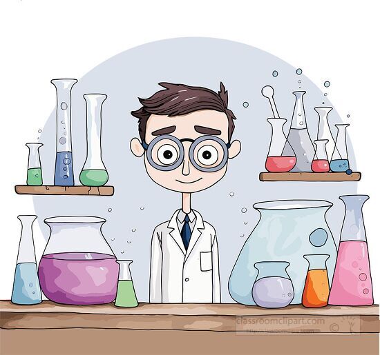 scientist working in a lab surrounded by chemicals