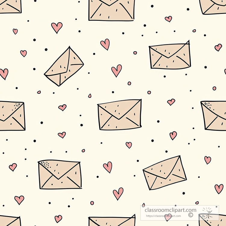 seamless pattern featuring envelopes sealed with hearts and blac