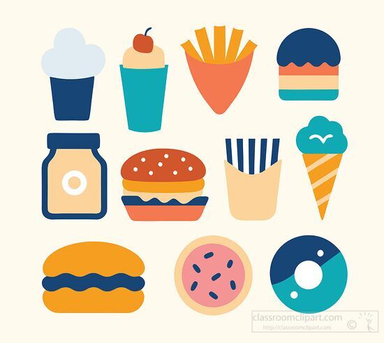 set of colorful food icons with various foods flat design
