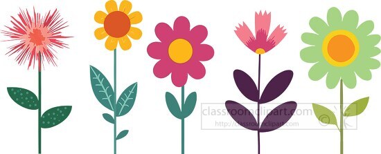 set of different colorful flowers with leaves and stems