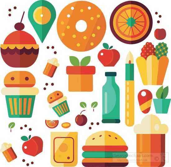 set of food icons with a playful colors