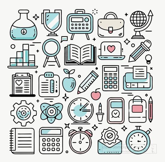 set of icons depicting various school essentials