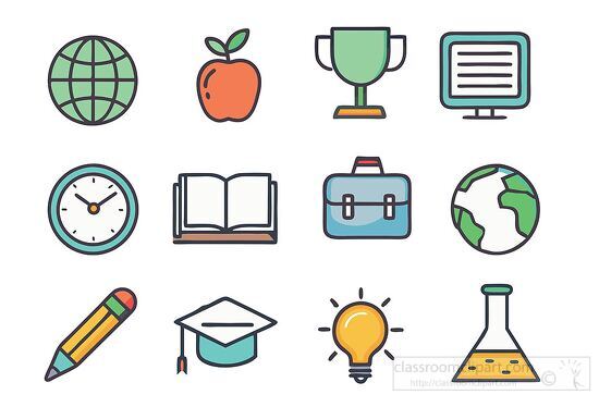 set of school icons featuring items like an apple clock and book