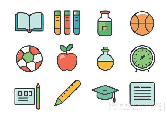 set of school related icons featuring an atom book and clock