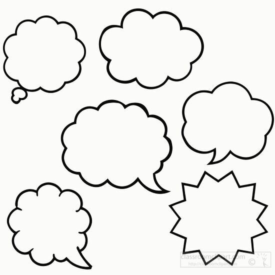 set of speech bubbles in black and white in various shapes