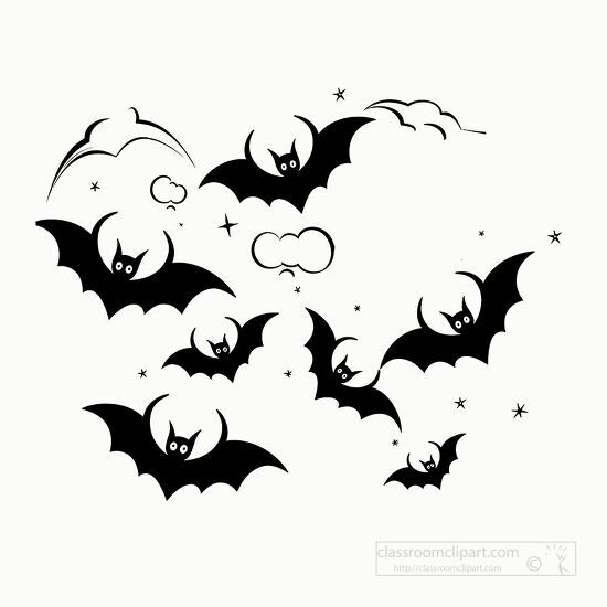several bats flying around in a night sky with clouds and stars 