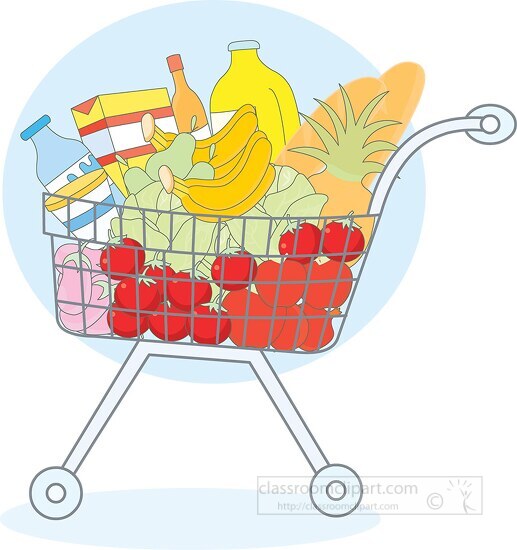 shopping cart filled with a variety of food