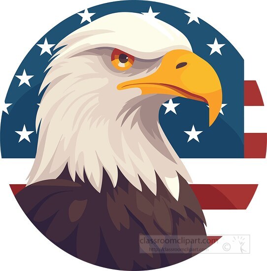 side view bald eagle standing in front of an american flag
