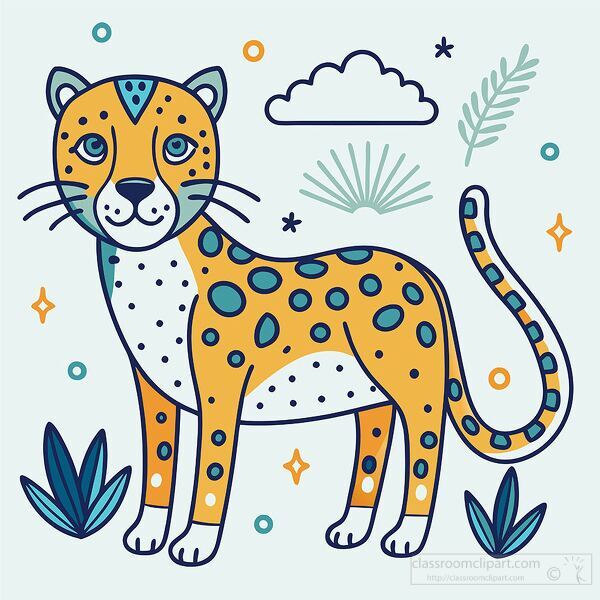 side view of cartoon cheetah with colorful spots kawaii style