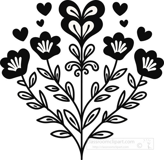 silhouette vector of a bouquet with heart shaped flowers and whi