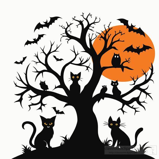 Silhouettes of cats and bats on a spooky tree